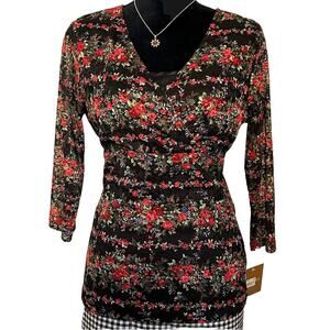 Ellen Tracy Long Sleeve Lined Black Lace Floral Top Sz Med New 90s Y2K babydoll